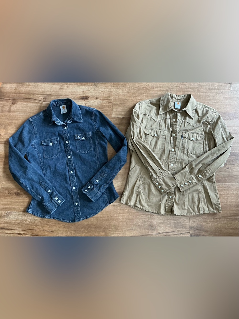 Carhartt Western Pearl Snap Down Shirt — one Denim Blue & one Khaki size Medium